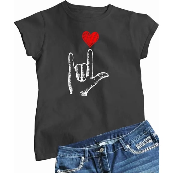 ASL I Love You Hand Sign Red Heart Women Short Sleeve Graphic T-Shirt