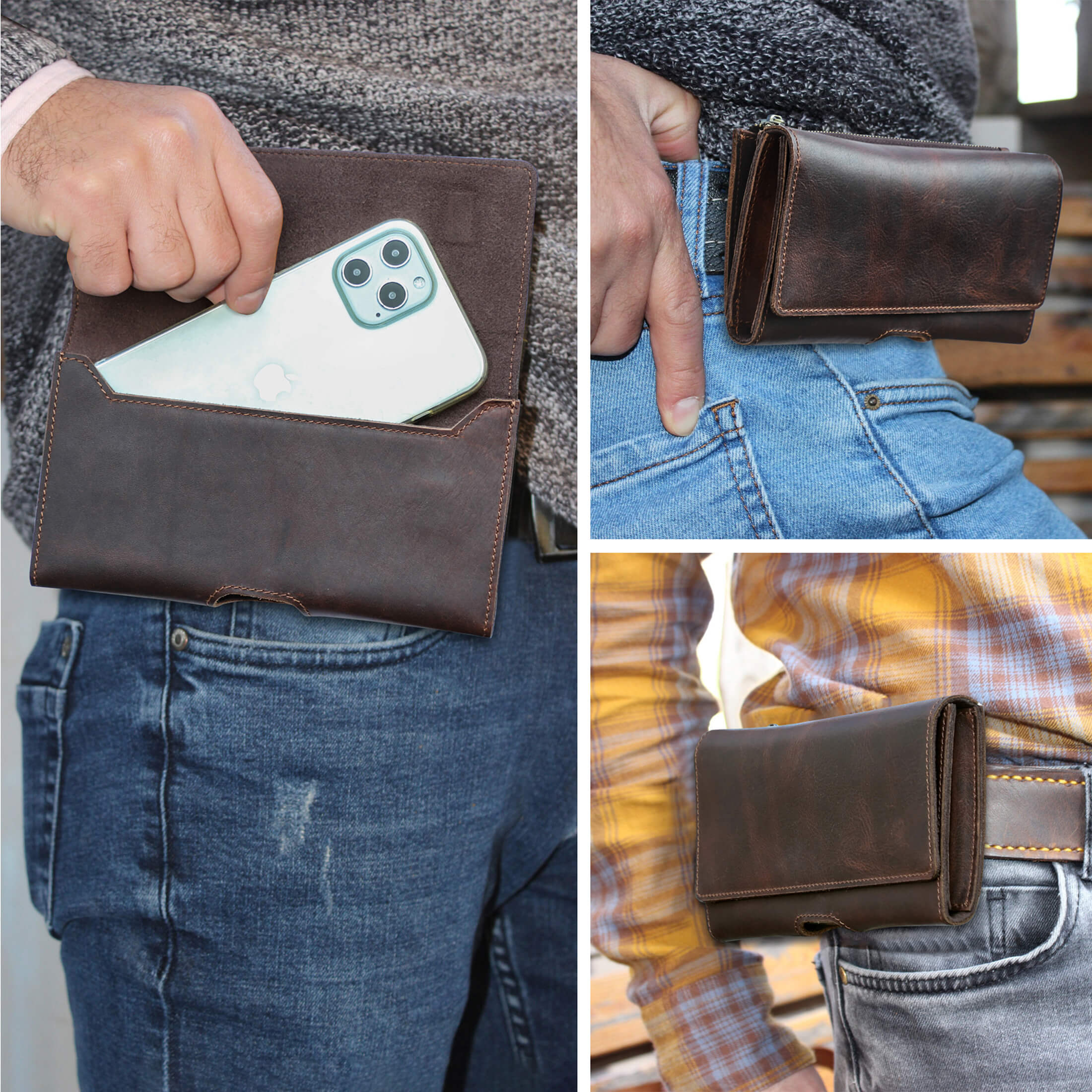 Contact's Leather Waist Case With Belt Clip for 6.7'' Phone , Travel Small Waist Belt Pouch ,Phone Pocket Card Holder, Valentine Gift, Coffee