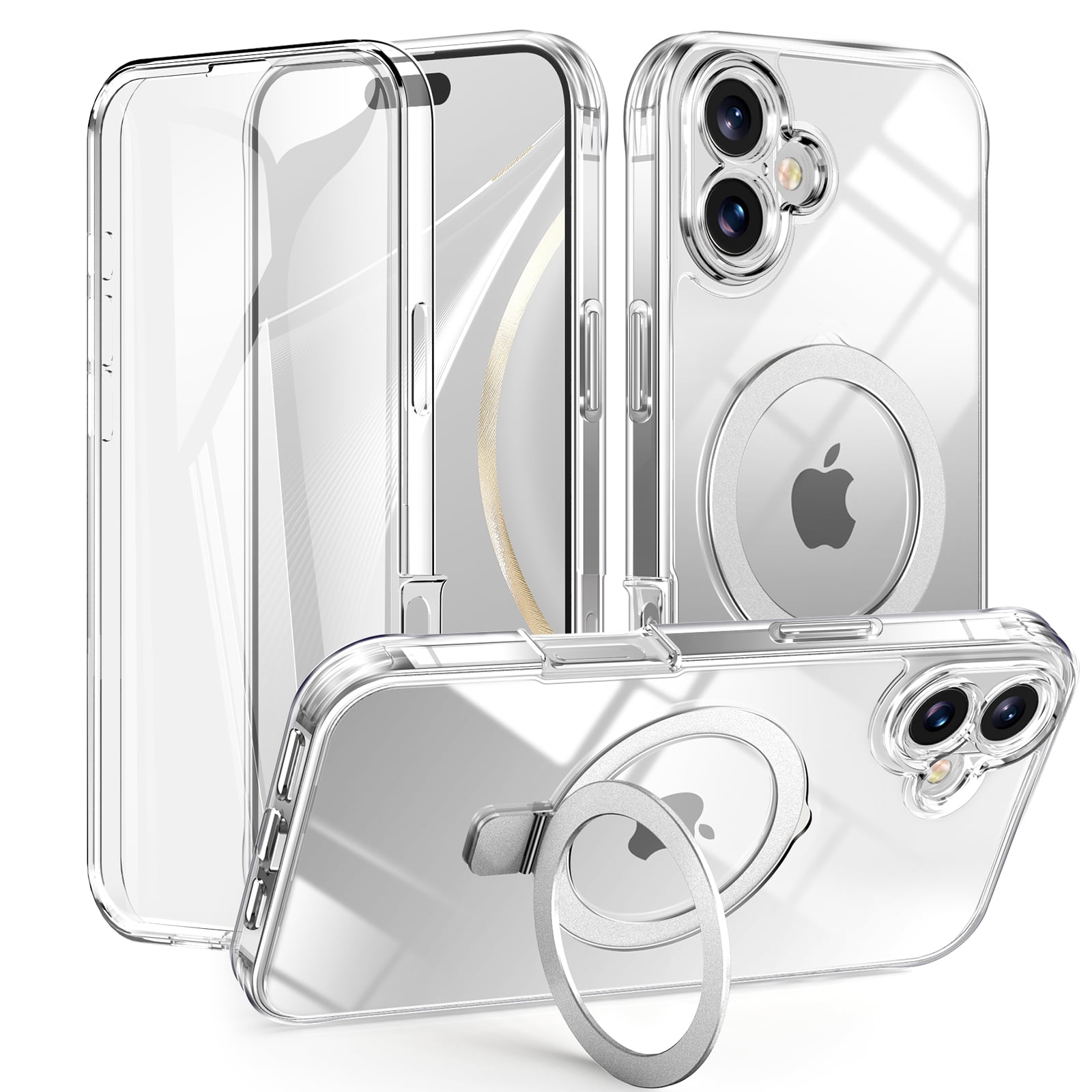 ELEHOLD Full Body Clear Magnetic Case for iPhone 17 Built-in Screen Protector , Shockproof Slim Rugged Magnetic Invisible Ring Stand Protective Case,Clear