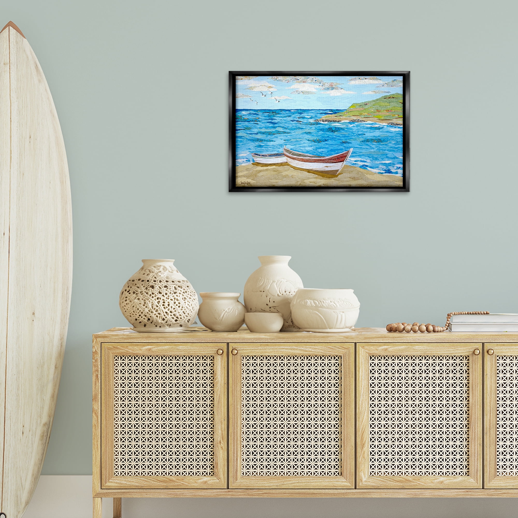 Stupell Industries Mykonos Docked Boat Landscape Painting Black Floater Framed Canvas Art Print Wall Art, 25 x 17