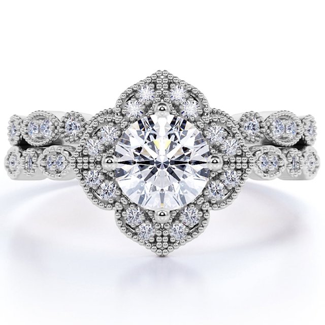 JeenMata Anillo de Novia Art Deco de Moissanita de Corte Redondo de 1,5 Quilates Engastado con Banda Infinita en Oro Blanco de 18 K sobre Plata