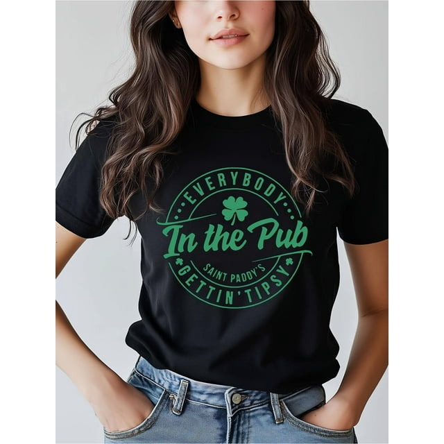 Camiseta Ligera de verano para mujerSt. Patrick's Day Women's Black T-Shirt - Soft, Lightweight Crewneck Tee with Green Shamrock Print, Camisetas de verano para mujer, manga corta, cuello redondo, c