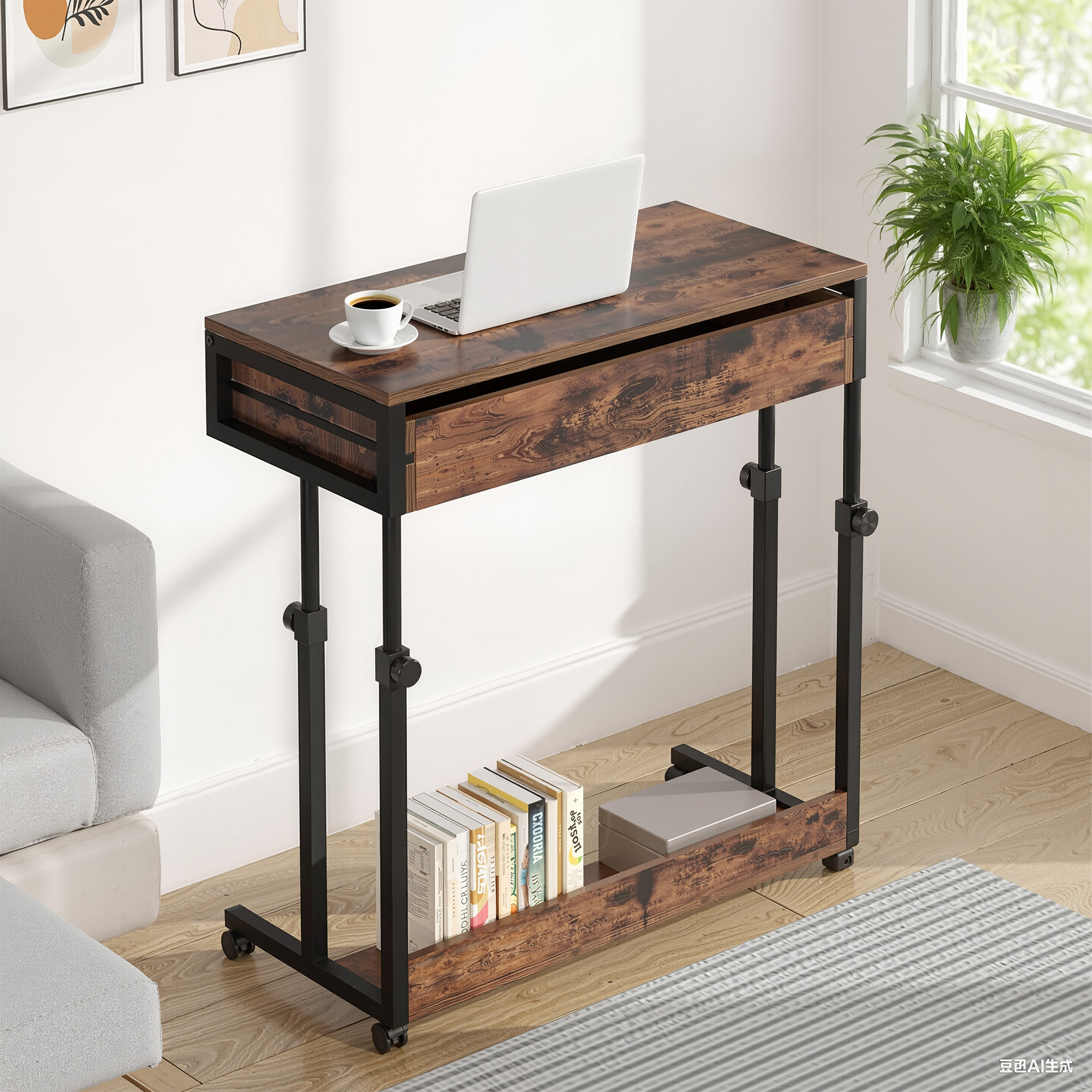 MAYEERTY 31.5" Mobile Side Table with Locking Wheels, Multifunctional Couch Desk for Home Office