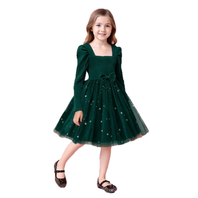 Vestido de manga larga con cuello redondo Vestido de niña de manga larga de color liso con empalme de malla de estrellas y lazo Vestido casual de niña Vestido de poliéster