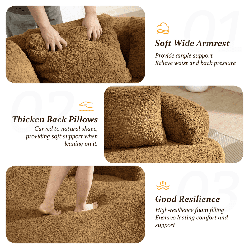 ATHOPE 86" Curved Cloud Couch, Boneless Sofa for Small Space, Plush Teddy Fabric Modern Couch with 3 Throw Pillows, Comfy Floor Love Seat for Living Room, Bedroom, Brown