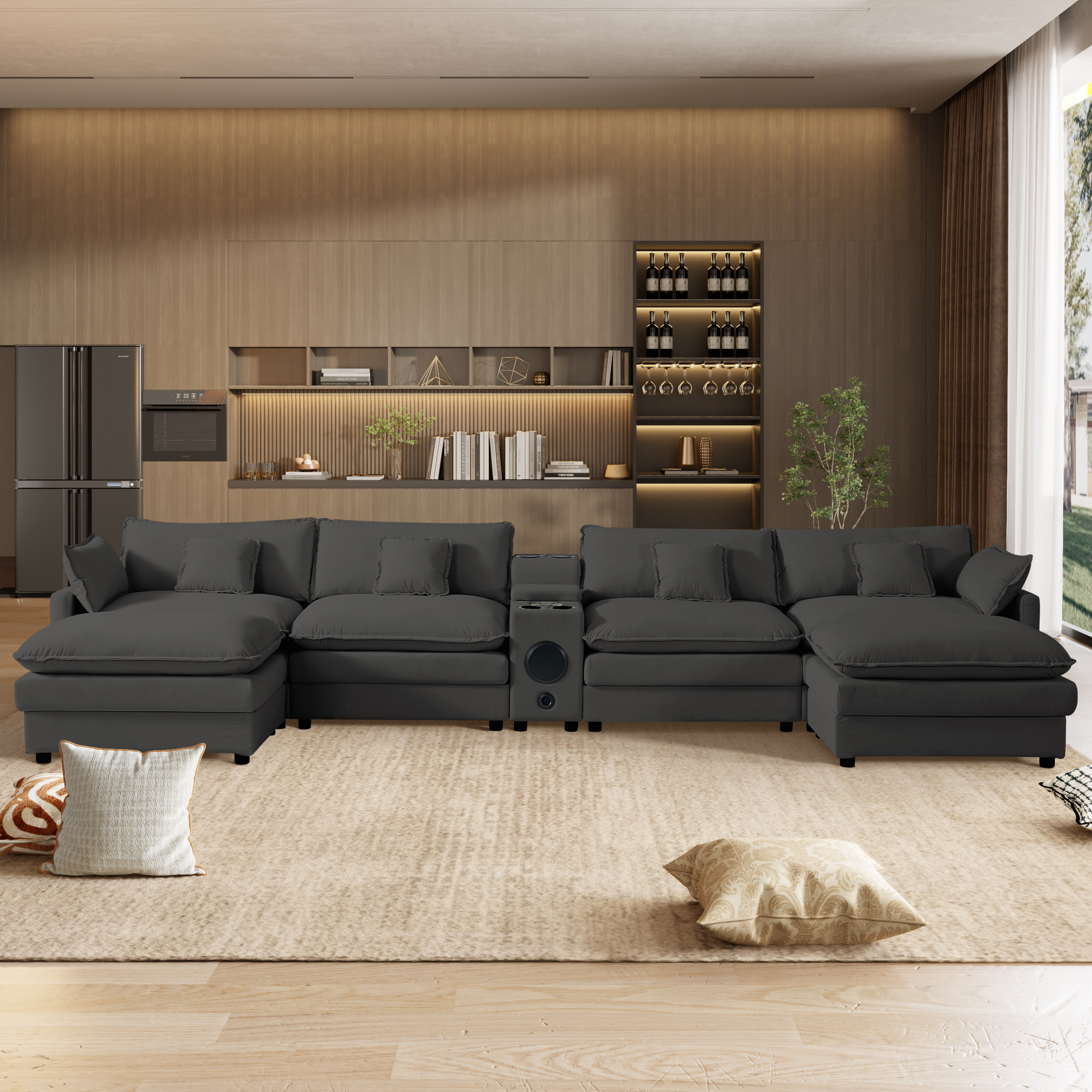 Wiilayok 162.6" U Shaped Sectional Sofa,Velvet Cloud Modular Sectional Sofa Couch Set with Double Chaise,Central Console,Cup Holder for Living Room,Gray