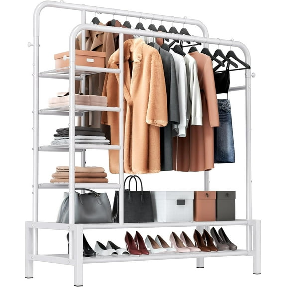 Clothes Rack, Double Rods Clothing Rack with 2 Bottom Shelves & 4 Side Shelves, Metal Garment Rack for Hanging Clothes, Heavy Duty Clothes Rack for Bedroom, Laundry, Living Room, Black