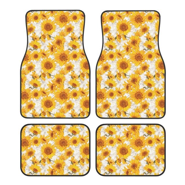 Kdxio White Marble Pattern Sunflower Print Car Floor Mats Universal SUV Front Rear Floor Foot Mats 4-Piece Full Set with Non-Slip Rubber Backing Car Accessories for Most Cars