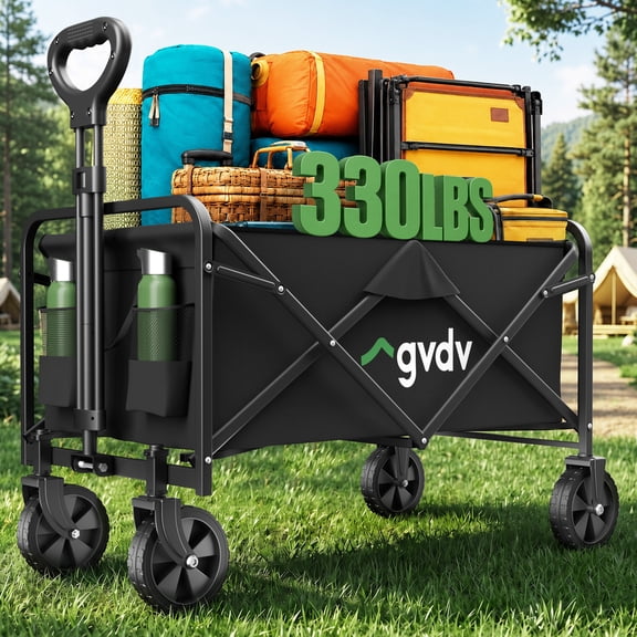 GVDV Collapsible Wagon Carts Foldable, Heavy Duty Folding Wagon with All-Terrain Wheels, Grocery Cart for Camping, Beach, Sports, Shopping, Black