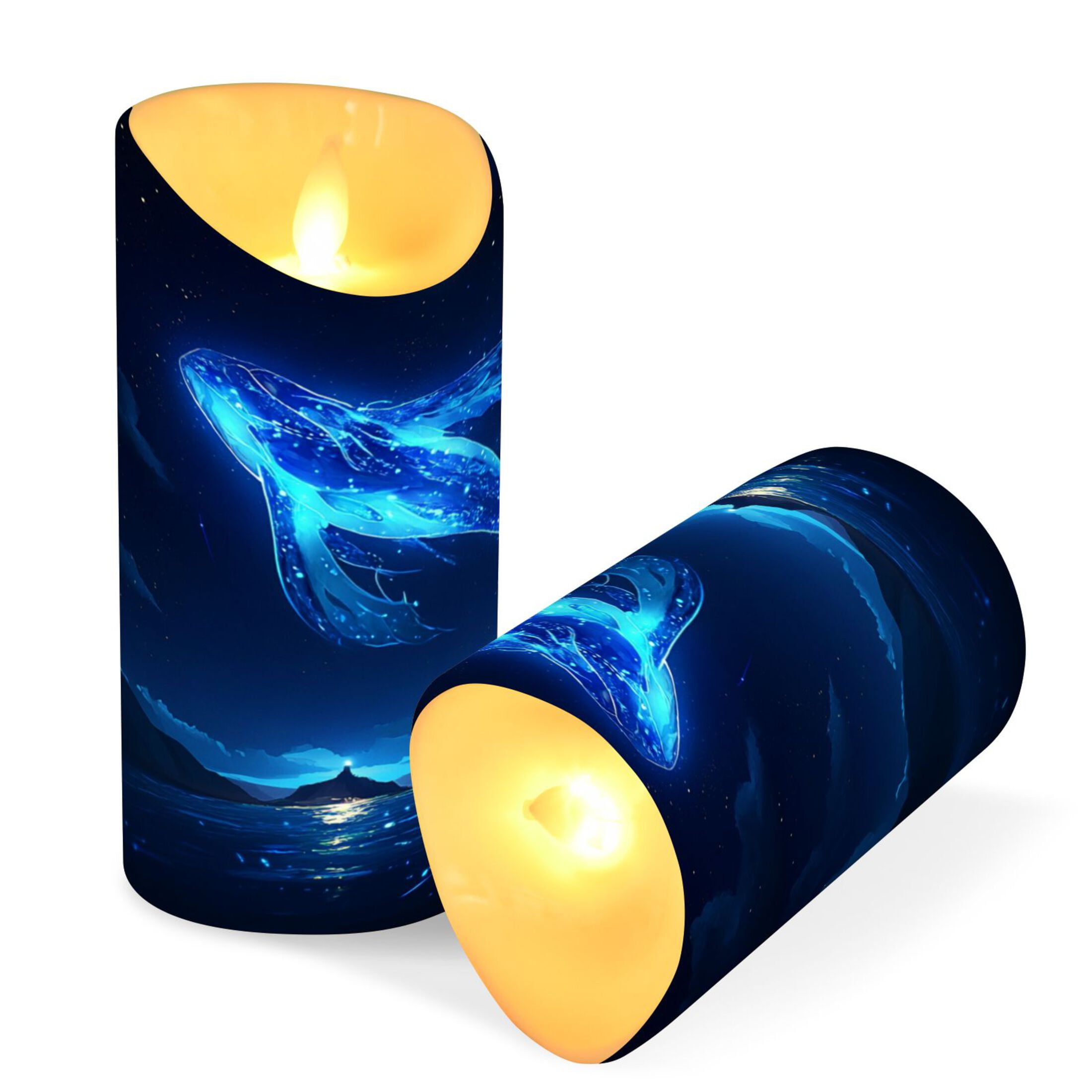 2 PCS Tilted Flameless Candles Flickering LED Lights Battery Operated Candles with Remote Timers for Holiday Decor Glowing Blue Creature