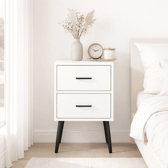 2-Drawer Nightstand with Metal Legs and Metal Handles, Modern White Bedside Table, Small End Table for Bedroom, Living Room or Apartment