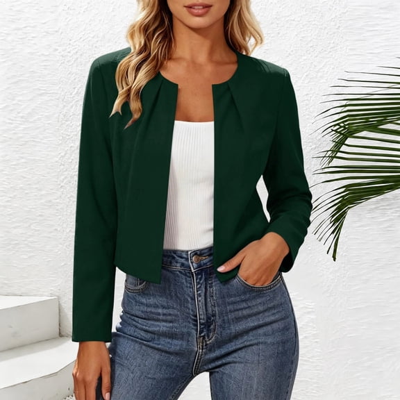 Vmvidoty Long Sleeve Shrug Top for Women's Collarless Pleated Open Front Cropped Cardigan Army Green L