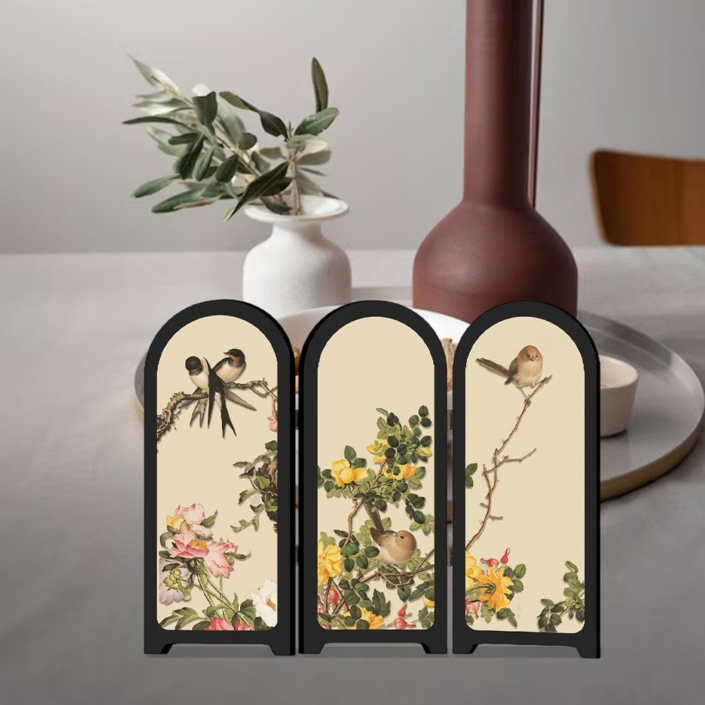 Jiibva Mini Folding Screen, 3 Panel Divider, Chinese Style Vintage Desktop Folding Screen Feng Shui Ornaments for Home Office New Year Decoration