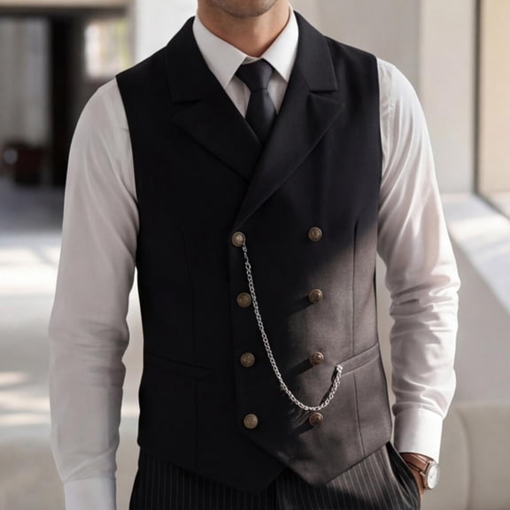 WIZUTIZ Men's Double Breasted Waistcoat Lapel Vest with Decorative Chain Slim Formal Dress for Wedding Prom Business
