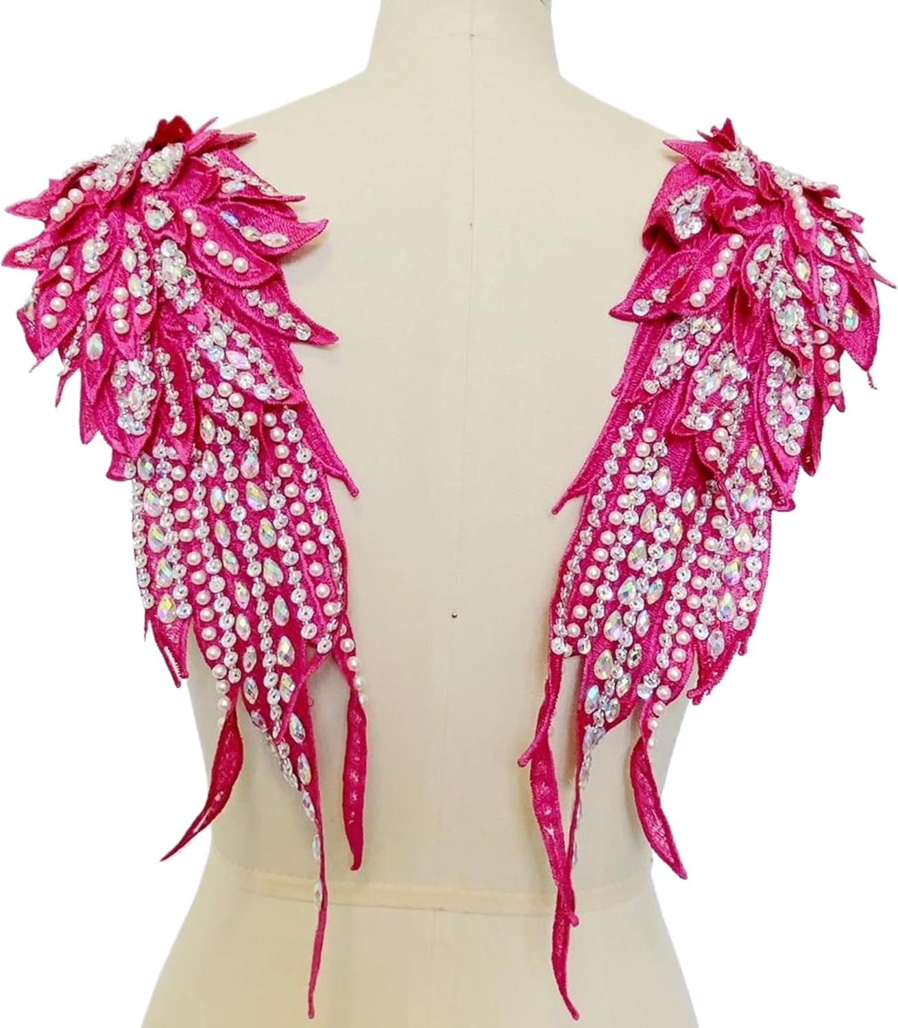 Handmade Rhinestone Pearl Applique: Angel Wing Shape Patches - Lace Applique Beaded Embroidered Trim Patches for Dress Clothes DIY Decoration (Red)