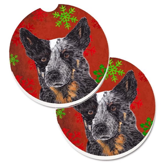 Australian Cattle Dog Red & Green Snowflakes Christmas Set of 2 Cup Holder Car Coaster