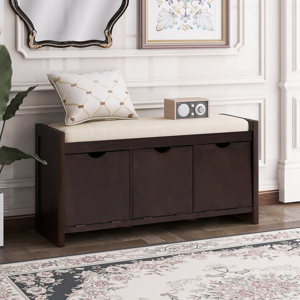 Lowestbest Storage Bench with Removale Cushion and 3 Flip Lock Storage Cubbies for Living Room, Entryway Lowestbest Storage Bench with Removale Cushion and 3 Flip Lock Storage Cubbies for Living Room, Entryway