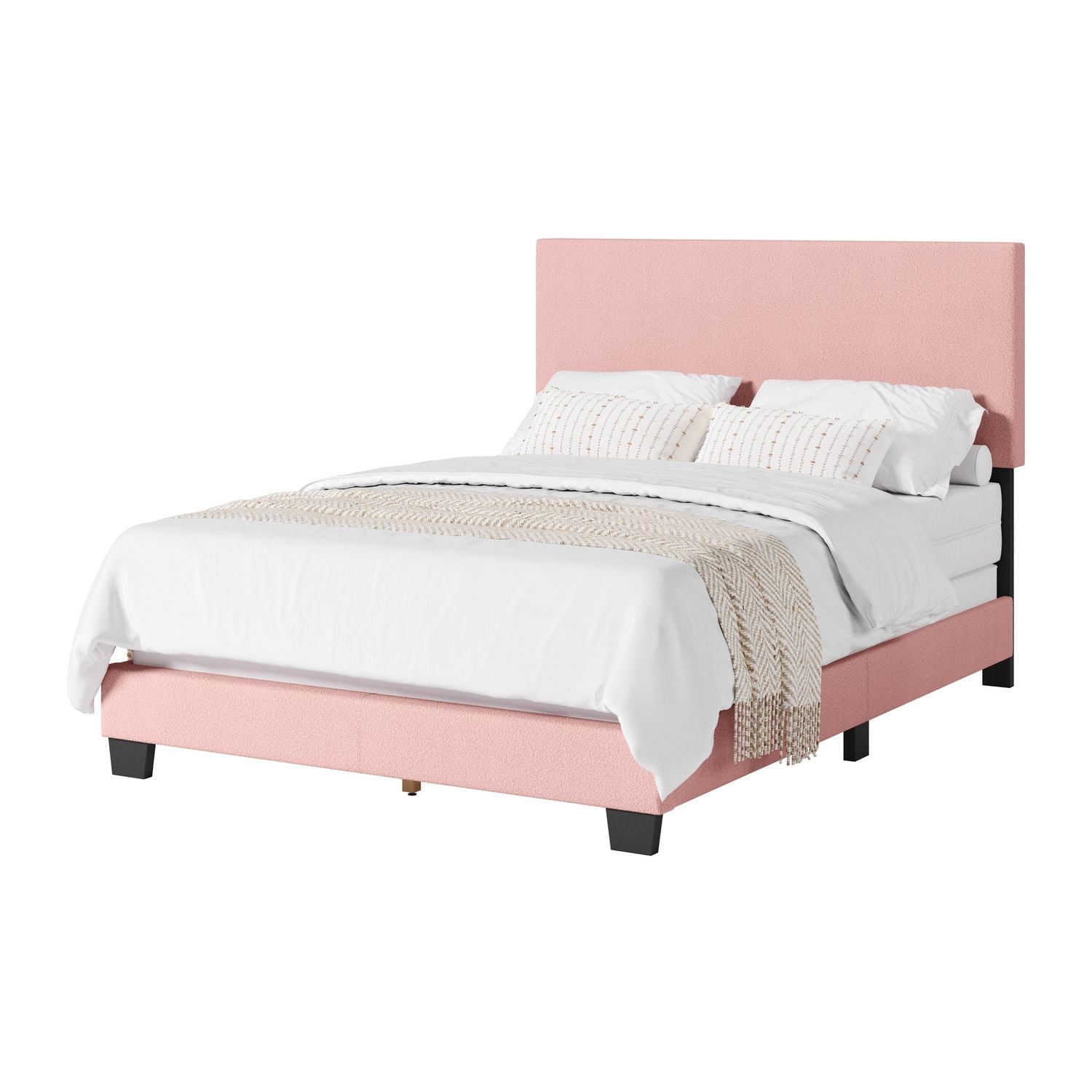 Lit adulte capitonné en tissu bouclé rose Celeste de CorLiving avec tête de lit et sommier requis