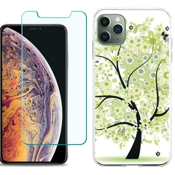For Apple iPhone 11 Pro Max Phone Case , Slim-Fit TPU Case with Tempered Glass Screen Protector, by OneToughShield ® - Green Tree