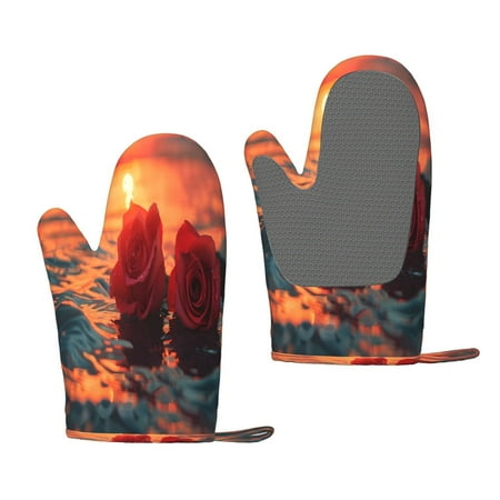 

Zeuib Romantic Roses Sunset Ocean Print Oven Mitts Oven Gloves with Non-Slip Silicone Heat and Slip Resistant Cooking Mitt Set for Cooking and Baking (2 Count)