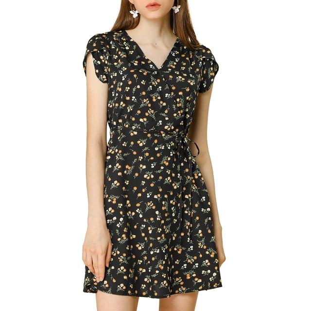 Unique Bargains Robe Ceinturée à Fleurs pour Femme, Col en V Croisé, Manches Pétales