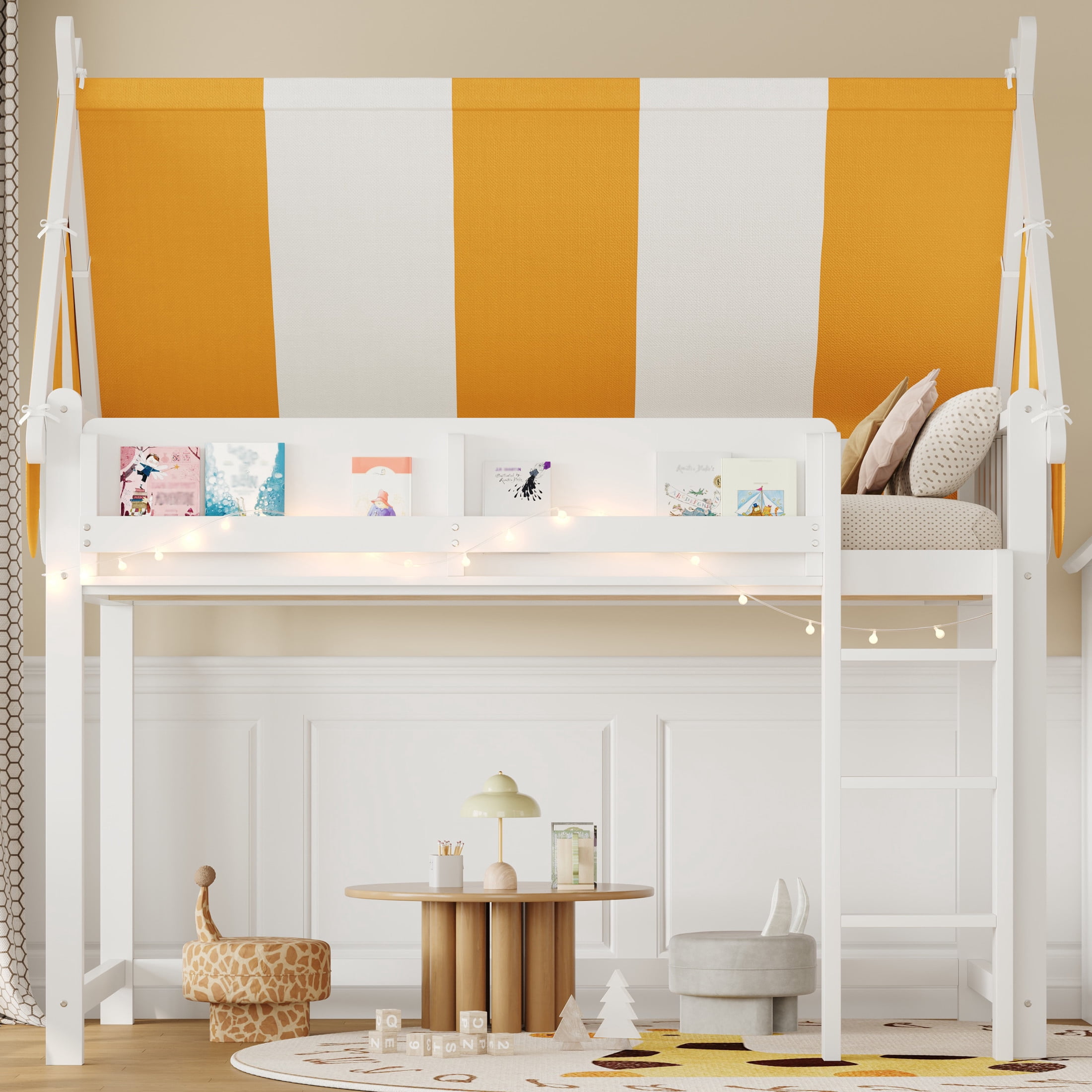 Noble House Sidney Full Size Loft Bed with Canopy and LED Lights, Wood Loft Bed with Bookshelf, Playful Design, White