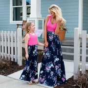 HAWEE Mommy and Me Matching Maxi Dresses, Sleeveless Top Bohemia Floral Printed Matching Outfits with Pockets