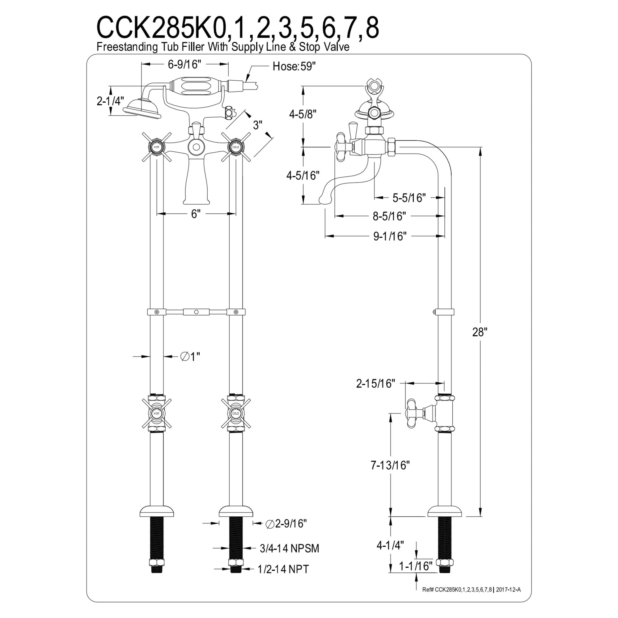 Kingston Brass CCK285K8 Kingston Freestanding Tub Faucet with Supply Line and Stop Valve, Brushed Nickel