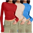 thumbnail image 1 of Wancir - Camisetas de manga larga y cuello redondo de 3 piezas para mujer, camisetas ajustadas, camisetas de cuello ajustado, camisetas básicas, 1 of 2