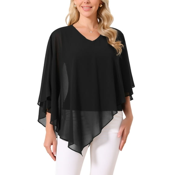 INSPIRAR CHIC Blusa de Mujer Flowy Top Cuello en V Ligera de Chifón Blusas Elegantes Camisa Asimétrica de Doble Capa Top de Otoño S Negro