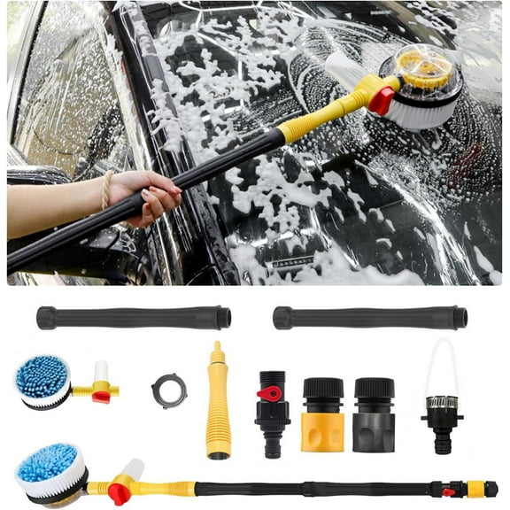 Rotating Car Wash Brush, Automatically Foams Auto Wash Brush with Long Handle, High Pressure Washer Gun and Hose Nozzle Car Wash Kit for Cars, Yards, Gardens, Pets