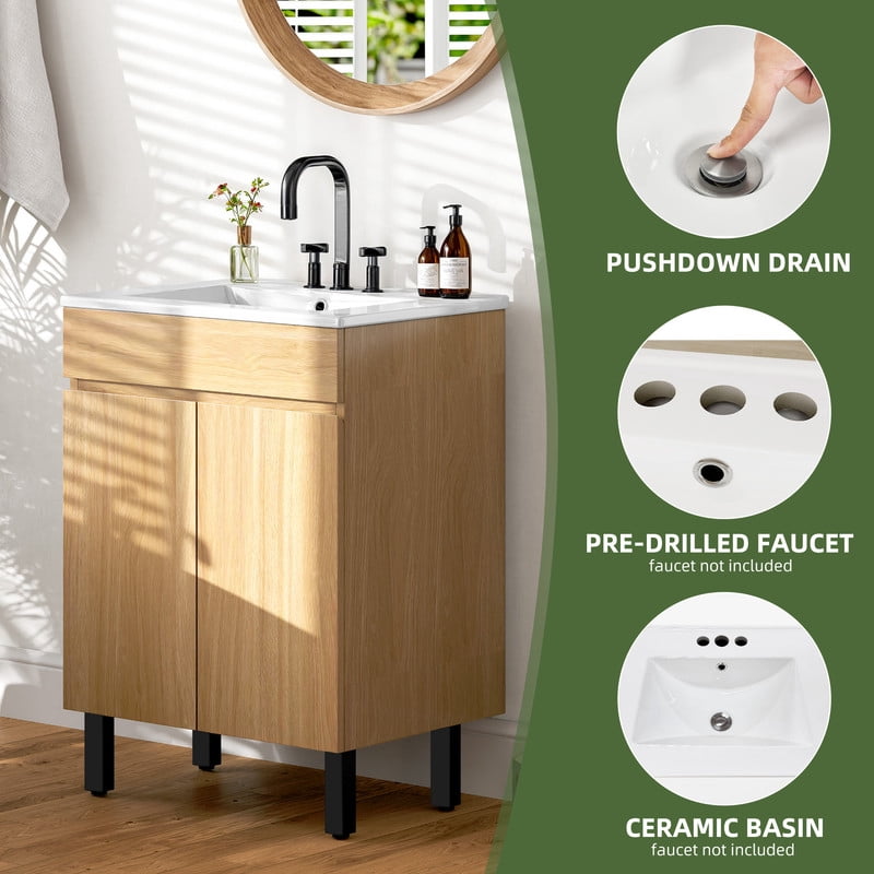 Uforic 24" Bathroom Vanity with Undermount Sink, Modern Free Standing Bathroom Storage Cabinet with Soft Close Door, Brown