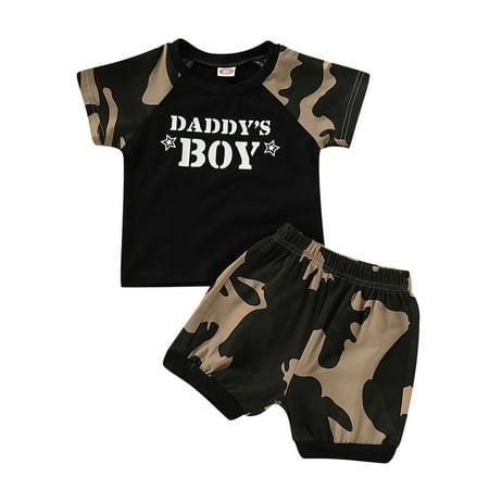 

EHTMSAK Toddler Baby Children Boy 2PCS Outfits Summer Short Sleeve T Shirts and Shorts Set Clothing Set Letter Print Camouflage 1Y-4Y 120
