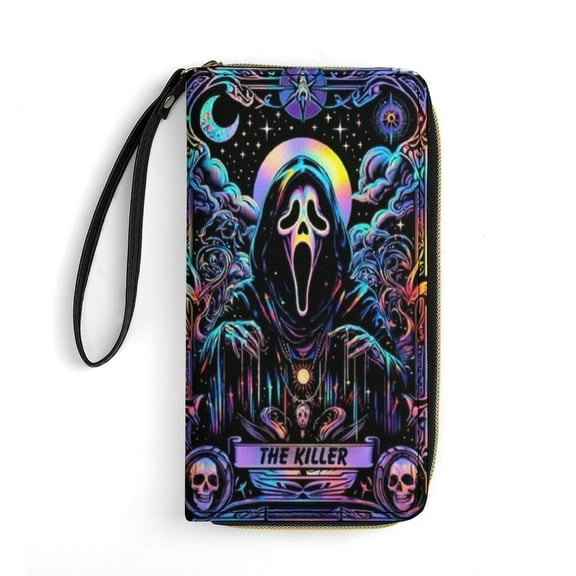 Ghostface Leather Wallet with Wristlet Credit Card Holder Zipper Clutch Stylish Purse for Women Men