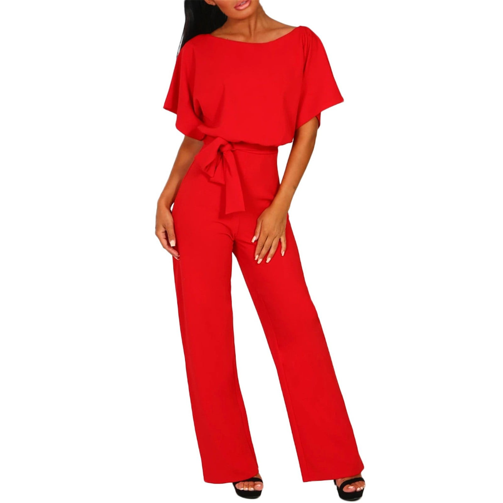 Alrise Red Romper Trousers Casual Women's Summer Casual Tie Round Neck Jumpsuit Solid Short Sleeve Jumpsuit, 3XL - Walmart.com