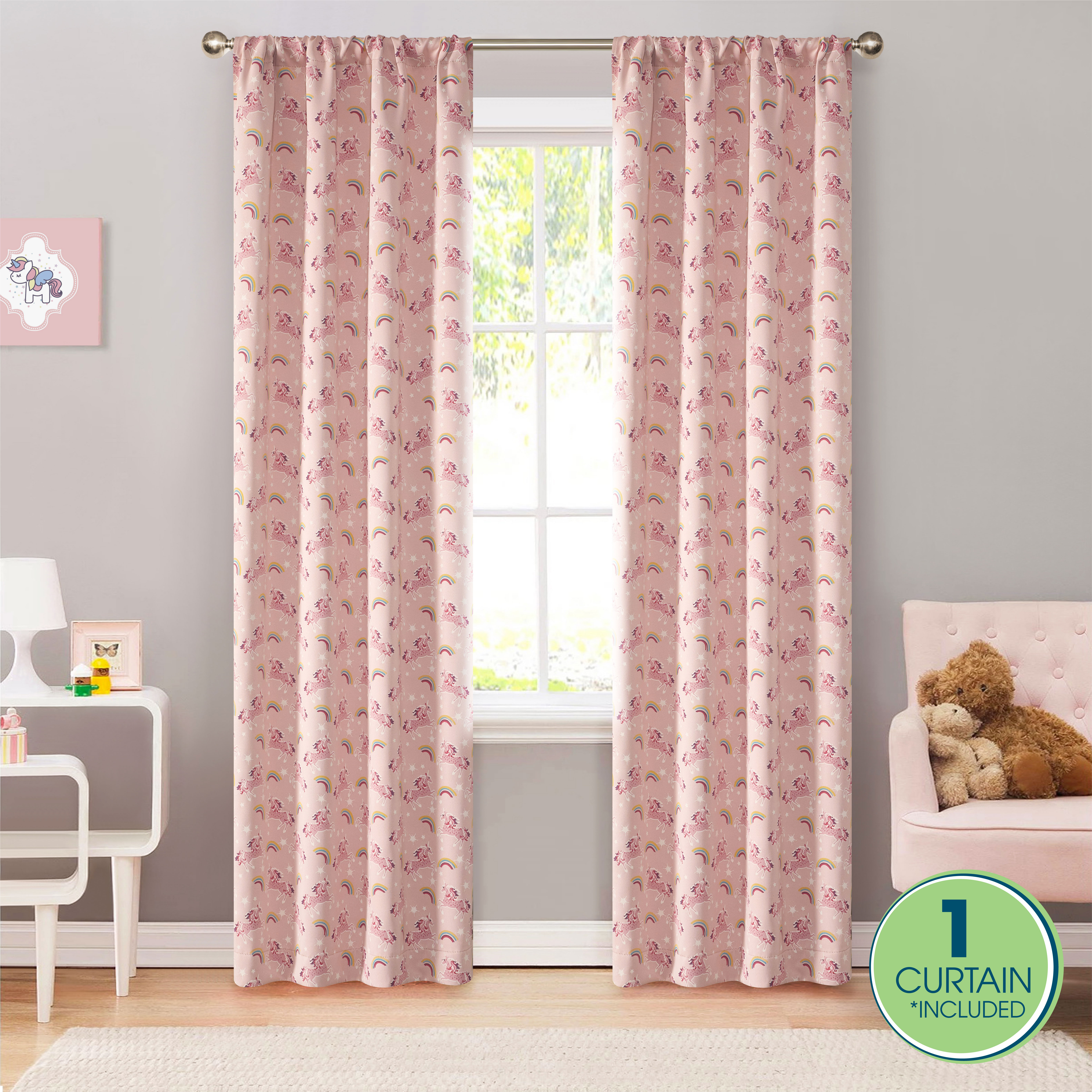 Your Zone Blackout Curtain Panel with Glow in the Dark Print, 1 Panel, Unicorn Pink, 37" W x 63" L