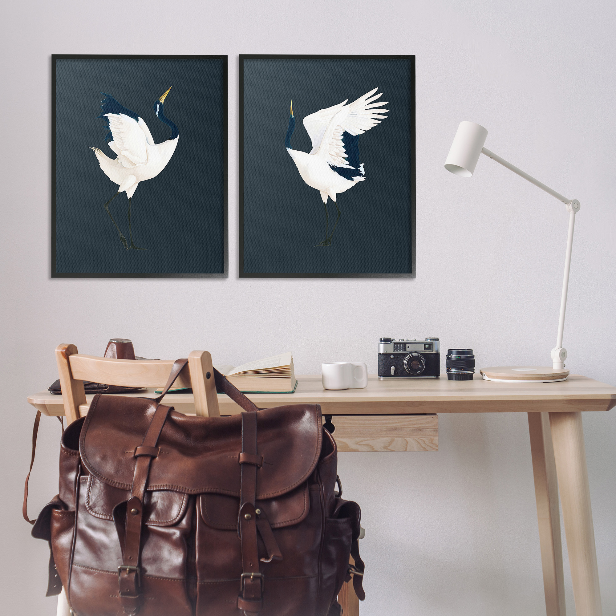 Stupell Industries Traditional Cranes Dance Animals & Insects Painting Black Framed Art Print Wall Art, 24 x 30, Set of 2