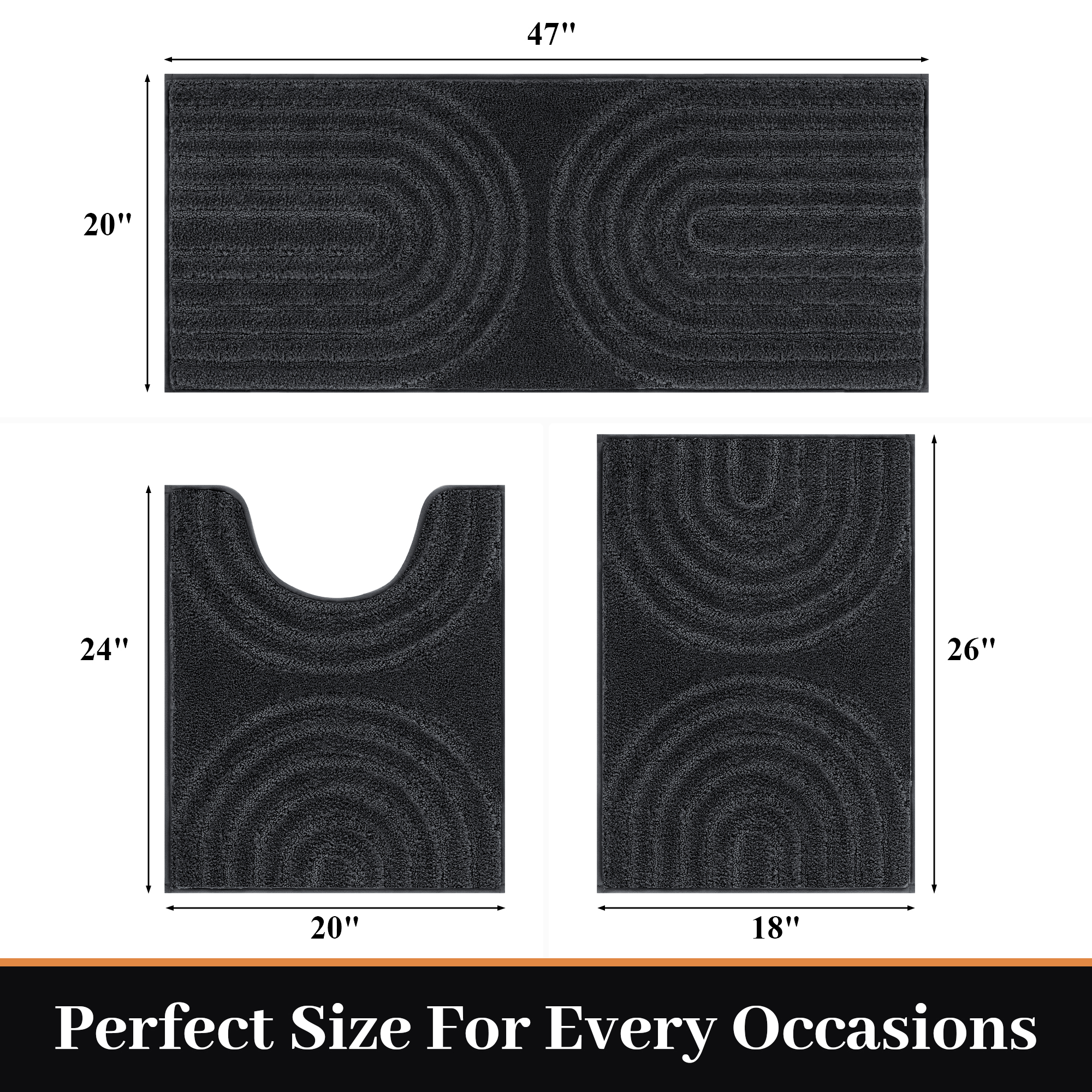 Vaukki Geometric Bathroom Rug Set of 3 Microfiber Soft Absorbent Non Slip Bath Rugs for Bathroom，(18"x26"+20"x47"+20"x24"，Black)