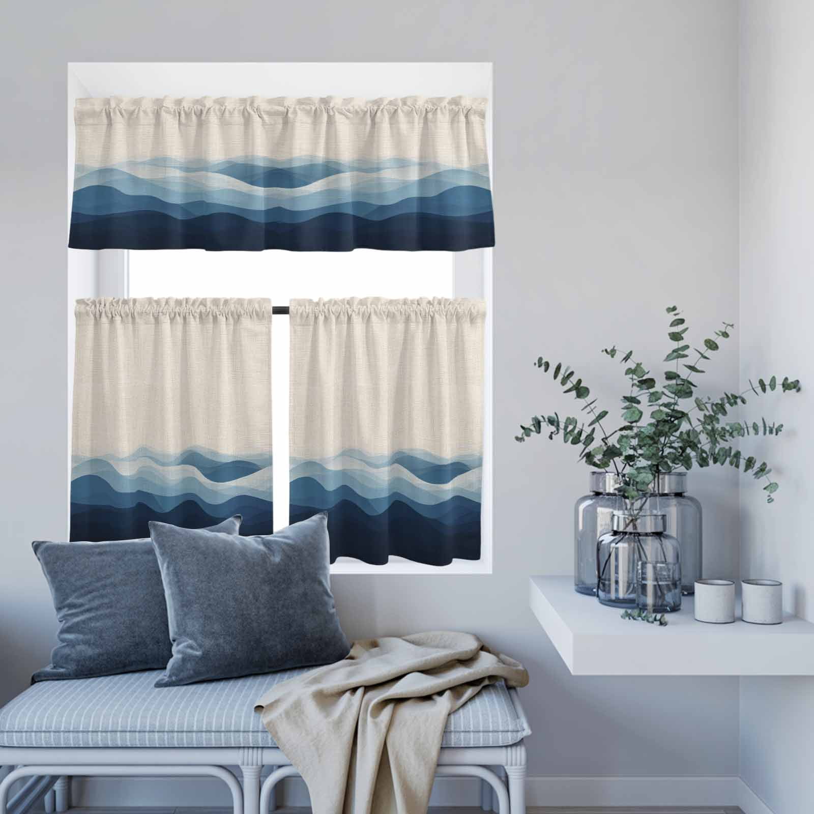 3 Piece Kitchen Curtains and Valances Set Blue Beige Ombre Cafe Curtains 24 Inch Length Minimalist Ocean Waves Linen Valance & Tier Curtain for Living Room Bedroom Small Window 54"x18"+27"x24"*2