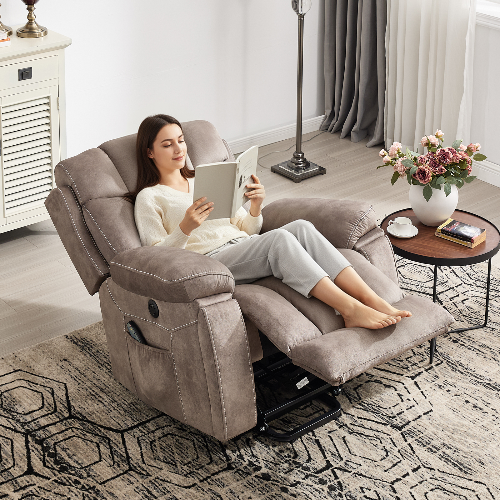 Bonzy Home Oversized Power Lift Recliner — Electric Lift Chair with Massage & Lumbar Heat, USB Port, Cup Holders & Side Pockets, Brown