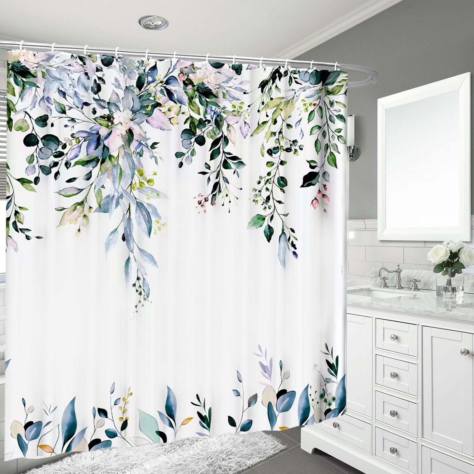 Dznils Blue Green Eucalyptus Fabric Shower Curtain, Watercolor Floral Pattern with Hooks, 72" x 72"