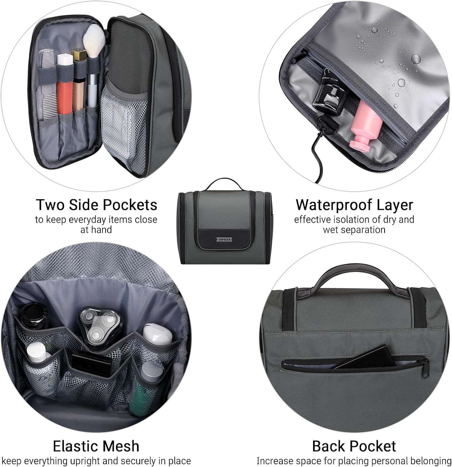 WITZMAN Toiletry Bag for Men Large Hanging Multi-Organization Bathroom Bag Water-Resistant Dopp Kit Shaving Bag Men(B690 Grey)