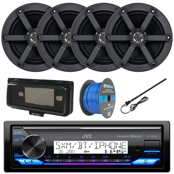 Single DIN Headunit Bluetooth Radio USB AUX AM/FM Digital Media Marine Receiver Bundle Combo with 2 Pairs (QTY 4) 6.5" 2-Way 100 Watts Peak Boat Audio Speakers, Speaker Wire, Antenna, Radio Cover
