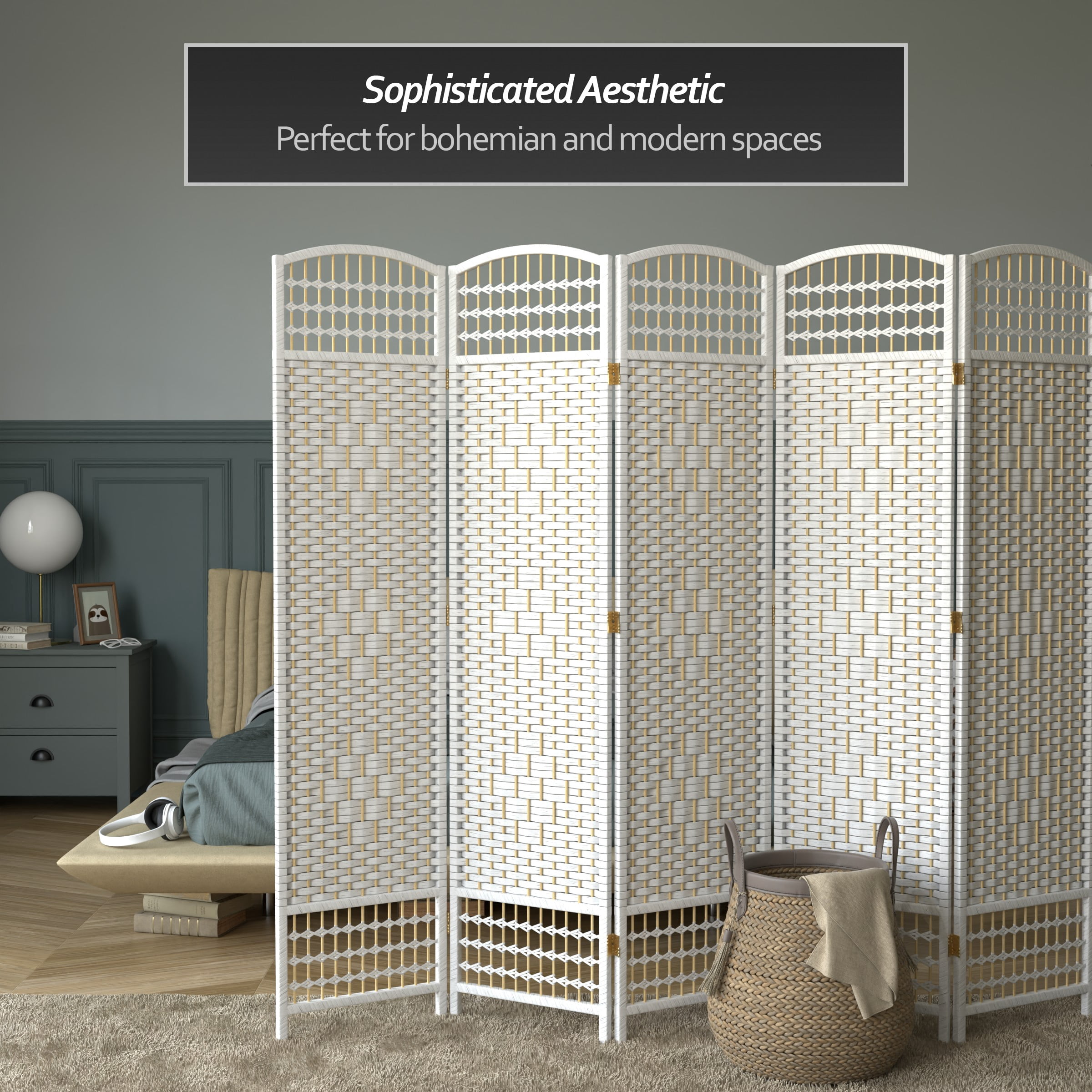 Red Lantern 5 1/2 ft. Tall Fiber Weave Room Divider - White - 5 Panel
