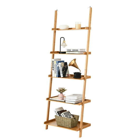 Costway Étagère Échelle à 5 Niveaux Bibliothèque en Bambou Murale Rangement Présentation Support pour Plantes