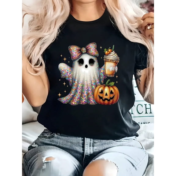 Summer Plus Size Women Halloween Ghost Pumpkin Bow Jack O Lantern Print Crew Neck Short Sleeve Tee