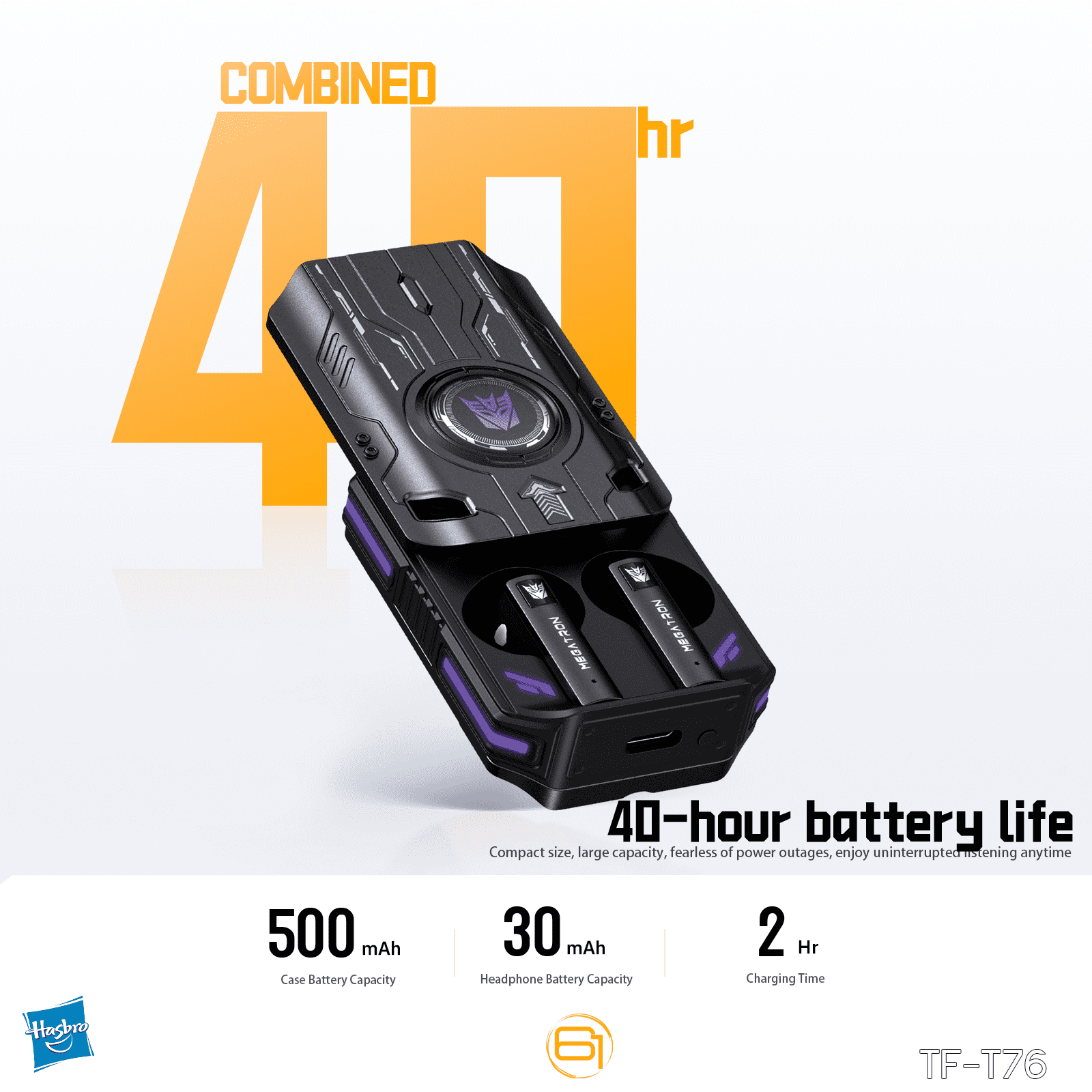 Transformers TF-T76 True Wireless Bluetooth 6.0 Earbuds with Mic, Mecha Zinc Alloy Armor Case, Low-Latency Game/Music Modes, Hi-Fi 13mm Drivers, HD Calling, 40H Total Playtime - Megatron Black