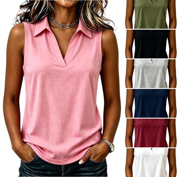 WULMLEO Tank Tops for Women Collared V Neck Sleeveless Y2k Shirt Casual Plus Size Top Sexy Lounge Athletic Tshirts Pink S
