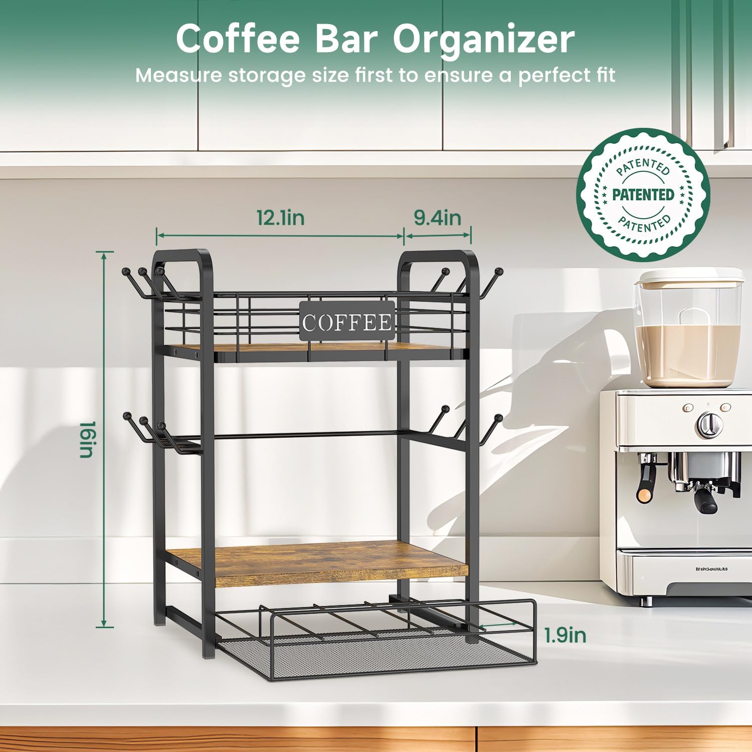EsLuker.ly 2-Tier Coffee Station Organizer - Mug Tree Rack With 12 Hooks, Vintage Brown
