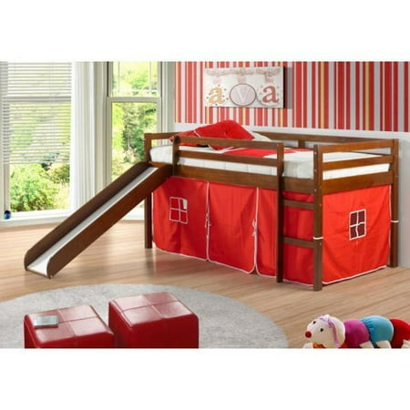 Donco Kids Twin Loft Tent Bed with Slide Light Espresso